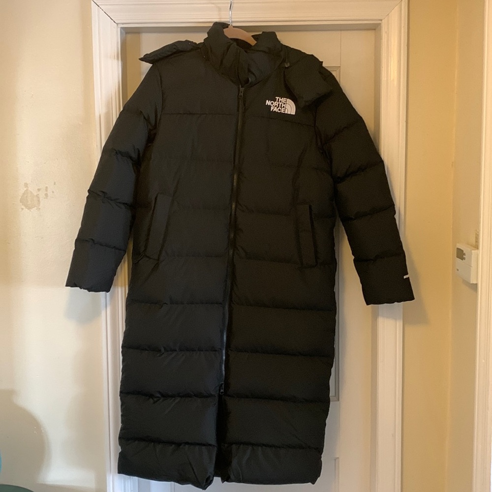 North face woman’s long coat with removable hood